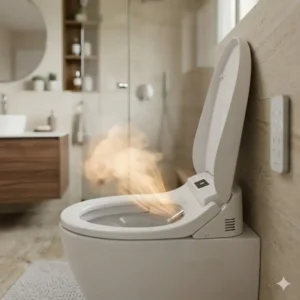 Detailed illustration showing the warm air drying function of an intelligent bidet toilet with dryer.