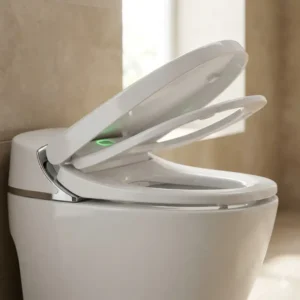 Illustration of an automatic wc seat lid opening automatically using a hands-free motion sensor.