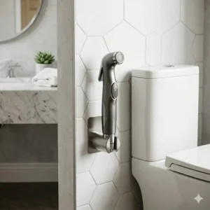 An illustration of a compact cordless bidet fitting easily into a travel carry-on bag.