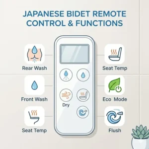 Close-up of the remote control functions for a high-tech japanese wc bidet.