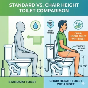 Illustration comparing the 15-inch standard toilet height to a 17-to-19-inch chair height toilet with a bidet attachment.