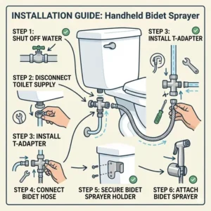 A clear, illustrated step-by-step guide showing how to connect and install the best handheld bidet sprayer for toilet to a standard toilet water supply valve.