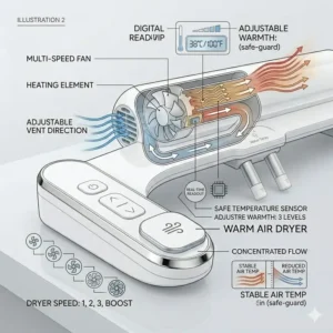 Close-up view of the digital control panel on a bidet attachment dryer showing temperature settings.