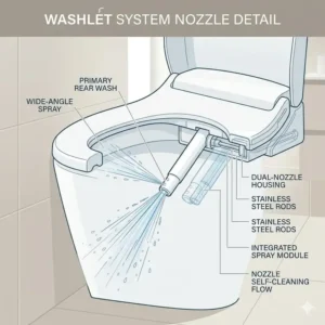 Technical diagram showing the self-cleaning nozzle mechanism of a japanese wc bidet.