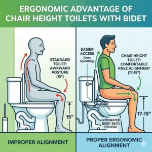 Side profile illustration of a comfort height toilet with a bidet seat, showing easier knee alignment for seniors and tall users.
