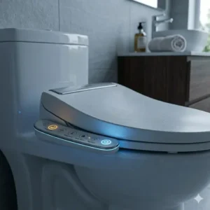 A blue LED nightlight illuminating the bowl of a modern bidet heated toilet seat.