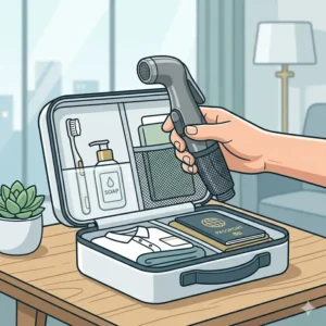Close-up illustration of a cordless bidet charging via a USB cable, highlighting the waterproof charging port.