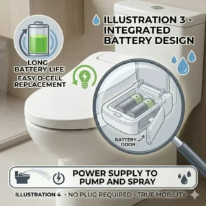 Close-up technical diagram of the waterproof battery compartment in a battery powered bidet seat.