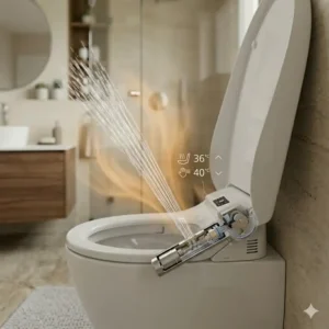 Digital graphic showing the heated seat and adjustable water temperature on a bidet toilet with dryer.