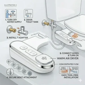 Step-by-step technical illustration on how to install a bidet attachment dryer properly.