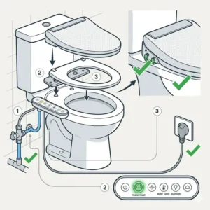 Step-by-step technical diagram showing how to install a bidet heated attachment.