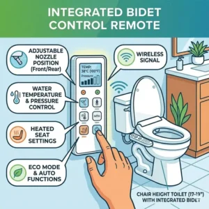 Close-up illustration of a wall-mounted remote control for a chair height bidet toilet, highlighting temperature and pressure settings.
