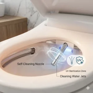 Close-up view of the integrated self-cleaning nozzle inside an automatic wc seat.