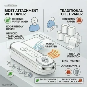 Comparison graphic between toilet paper waste and the sustainable bidet attachment dryer option.