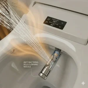 Close-up view of the antibacterial self-cleaning nozzle technology in a bidet toilet with dryer.