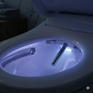 A glowing blue LED nightlight feature activated on an automatic wc seat in a dark room.