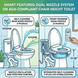 Internal view illustration of a self-cleaning dual nozzle system on an ADA-compliant chair height toilet.