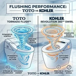 Comparison of powerful flushing technology used in toto vs kohler bidet toilets.