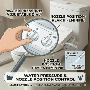 Detailed view of the adjustable water pressure and spray settings on a battery powered bidet seat.