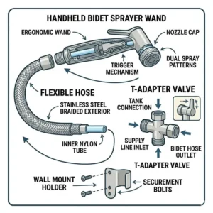 A complete technical diagram labeling all parts, including the T-adapter, flexible hose, and durable metal wand, of the high-quality best handheld bidet sprayer for toilet.