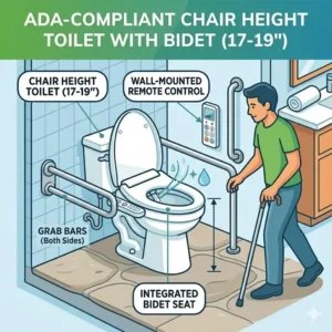 Accessibility-focused illustration showing a chair height toilet with a bidet in a bathroom equipped with grab bars.