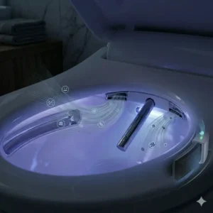 Graphic showing the built-in air purification and deodorizing system of an automatic wc seat.