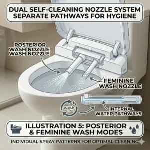 Illustration of the dual self-cleaning nozzle system featured on a battery powered bidet seat.