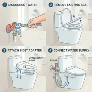 Step-by-step installation process for a modern japanese wc bidet attachment.