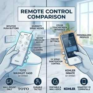 Handheld and wall-mount remote control interfaces for toto vs kohler bidet toilets.