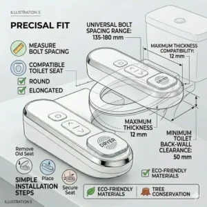Technical drawing showing the universal fit dimensions for a bidet attachment dryer on standard toilets.