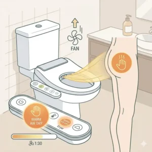 Illustration of the integrated warm air dryer function on a high-end bidet heated model.