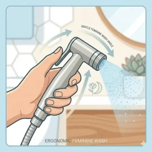 An illustrated view showing the specific angle and ergonomic design that makes the best handheld bidet sprayer for toilet perfect for gentle, hygienic feminine care and personal washing.
