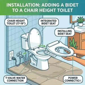 Illustration showing the T-valve water connection for adding a bidet seat to a comfort height toilet.