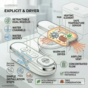 Detailed view of the retractable dual nozzles and airflow vent of a bidet attachment dryer.