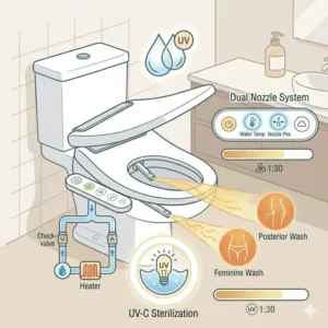 Detailed view of the self-cleaning dual nozzle system inside a bidet heated system.