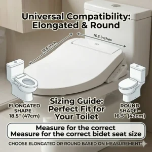 A sizing chart to help choose the right battery powered bidet seat for elongated or round toilets.