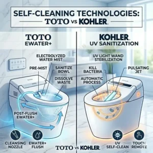 Advanced self-cleaning and sanitization features of toto vs kohler bidet toilets.