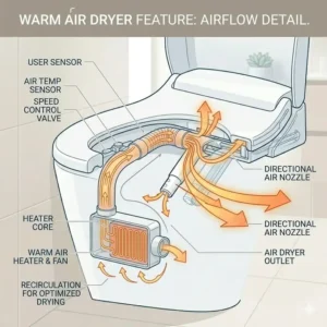 Detailed view of the warm air dryer airflow within a japanese wc bidet.