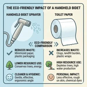 An informative illustration comparing the reduced environmental footprint, including less paper waste and lower carbon emissions, when using the best handheld bidet sprayer for toilet instead of traditional toilet paper.