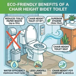 Graphic showing how using a chair height toilet with a bidet reduces toilet paper waste and improves hygiene.