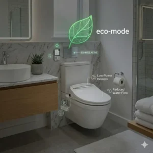 An eco-friendly energy saving mode icon displayed on a smart automatic wc seat.