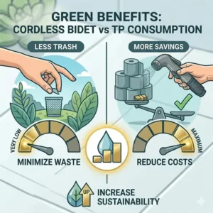 Illustration of a hand comfortably holding a cordless bidet, highlighting the non-slip ergonomic grip.