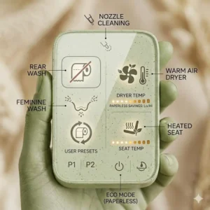 Technical installation guide showing the power and water requirements for a bidet toilet with dryer.