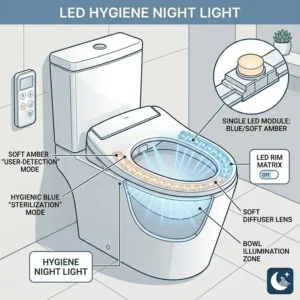 The blue LED night light feature for night-time visibility on a japanese wc bidet.