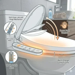 Demonstration of the quiet soft-close lid mechanism of a comfortable bidet heated seat.