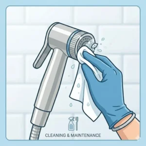 A simple illustration depicting proper maintenance, showing a person cleaning the self-cleaning nozzle and ensuring the best handheld bidet sprayer for toilet remains hygienic and functional.