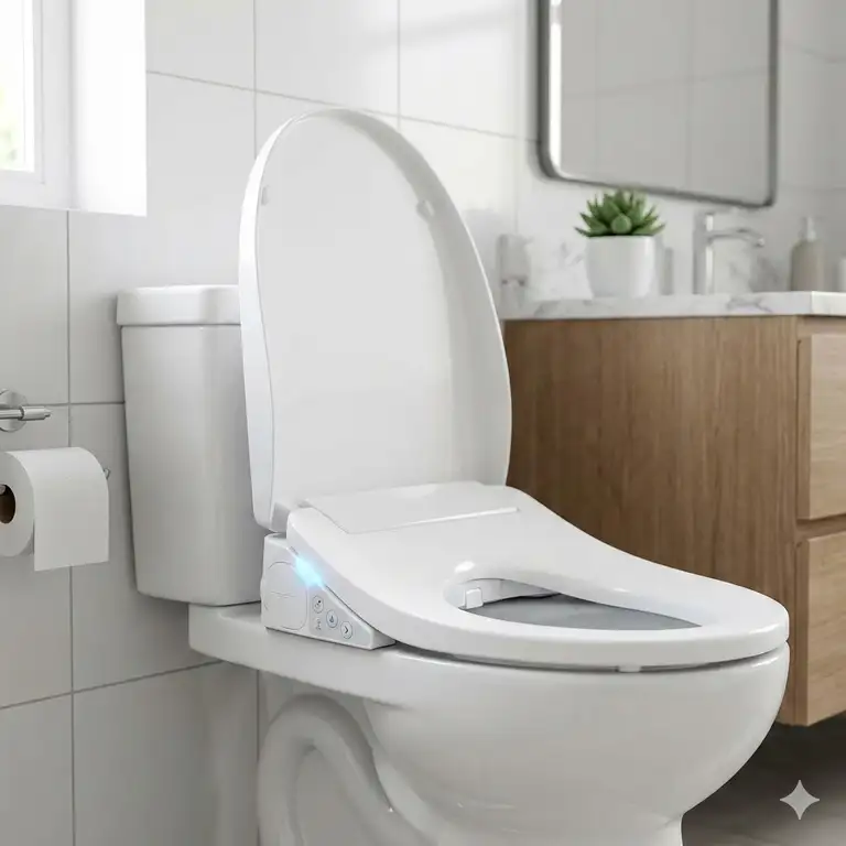 A modern bathroom featuring a premium battery operated bidet seat installed on a toilet.