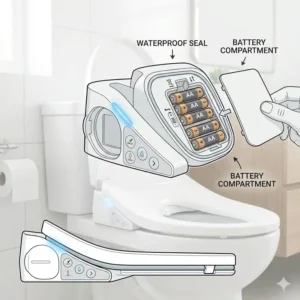 Diagram showing the waterproof battery compartment of a battery operated bidet seat.
