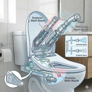 Illustration of the dual nozzle cleaning modes in a battery operated bidet seat.