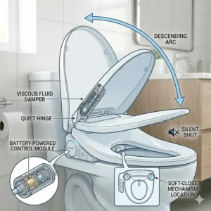 Visual demonstration of the quiet soft-close lid on a battery operated bidet seat.